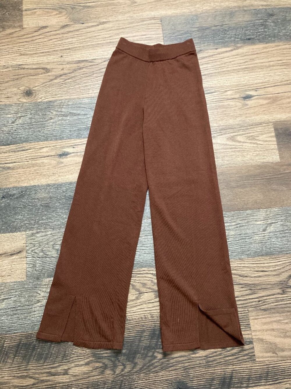 Commense Women’s XS Brown Knit Wide Leg Pants High Rise Pull On Side Slit